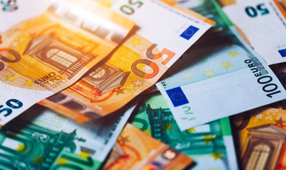 Euro money, Euro cash background. Banknotes of the european union. Euro cash. Many Euro banknotes of different values.