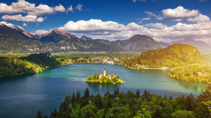 Lake Bled Slovenia. Beautiful mountain lake with small Pilgrimage Church. Most famous Slovenian...