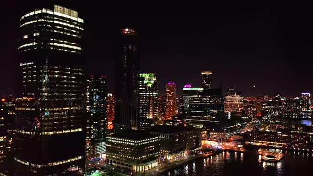 Jersey City skyline by night with pull back camera motion