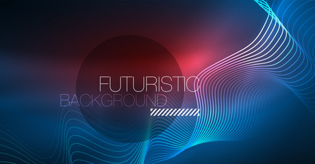 Glowing abstract wave on dark, shiny motion, Christmas and New Year magic space light. Techno abstract background