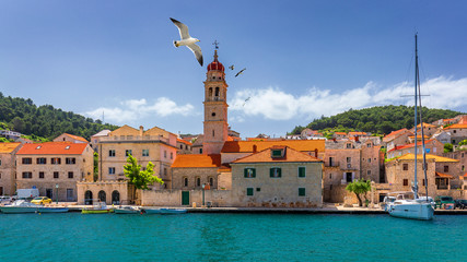 Panorama of picturesque town Pucisca in Croatia, Island Brac, Europe. Pucisca town mediterranean...