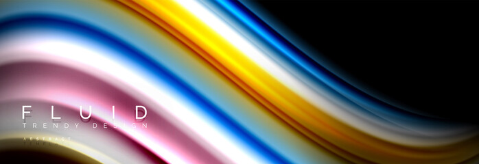 Bright colorful liquid fluid lines on black, modern abstract background