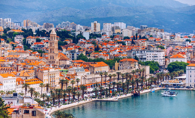 Split, Croatia (region of Dalmatia). UNESCO World Heritage Site. View of Split city, Diocletian Palace and Mosor mountains in background. Split panoramic view of town, Dalmatia, Croatia.