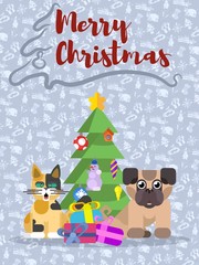 Christmas poster with dog, tree and cat