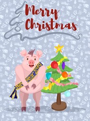 poster with pig boar and christmas tree for christmas
