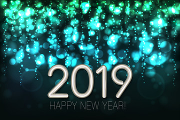 Happy New Year 2019 shining background with turquoise glitter and confetti. Vector