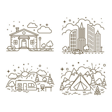 Set of cute line icons of different houses and living conditions. Vector