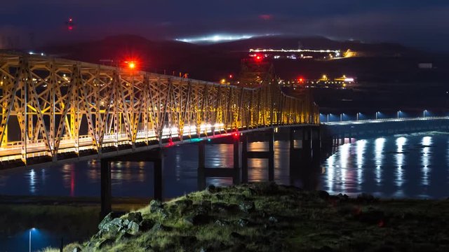 Night Time Lapse of Bridge Over The Columbia River Gorge into The Dalles