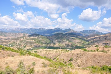 Fototapeta na wymiar landscape, mountain, sky, nature, mountains, panorama, blue, summer, view, travel, hill, clouds, panoramic, green, valley, forest, beautiful, cloud, lake, grass, mediterranean, crimea, rock, countrysi