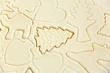 Homemade cookie dough shaped by cutters on a counter