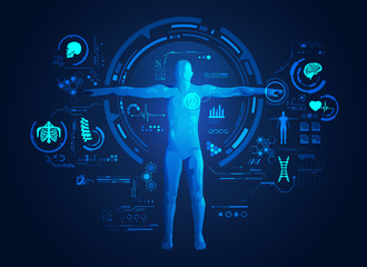concept of medical or health care technology, shape of human with digital body analysis interface