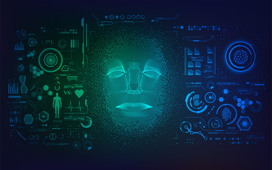 concept of artificial intelligence or biometrics, shape of human face with digital technology interface