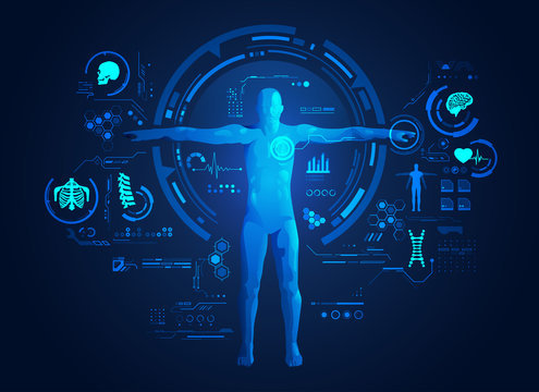 Concept Of Medical Or Health Care Technology, Shape Of Human With Digital Body Analysis Interface