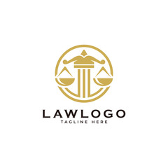 Law symbol logo, scale justice and circle vector icon