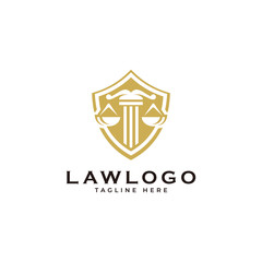 Law symbol logo, scale justice and shield emblem vector icon