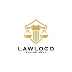 Law symbol logo, scale justice and shield vector icon