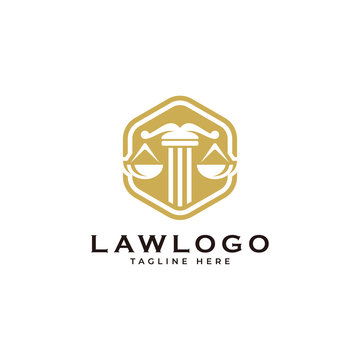Law symbol logo, scale justice and hexagon vector icon