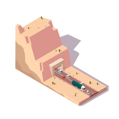 Isometric landscape with tunnel and road at the desert.
