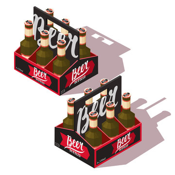 Two Sides Beer Pack Icon With Six Beer Bottles. Low Poly Vector Isometric Illustration.