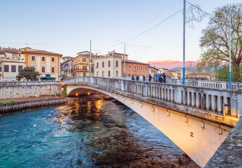 

Rieti (Italy) - The historic center of the Sabina's provincial capital, under Mount Terminillo with snow and crossed by the river Velino, during the Christmas holidays