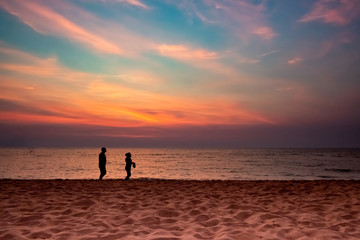 Fototapeta premium silhouette couple walking on beach, sun set, twilight, copy space