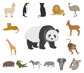 Different animals cartoon icons in set collection for design. Bird, predator and herbivore vector symbol stock web illustration.