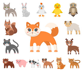Naklejka premium Toy animals cartoon icons in set collection for design. Bird, predator and herbivore vector symbol stock web illustration.