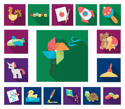 Children's toy flat icons in set collection for design. Game and bauble vector symbol stock web illustration.