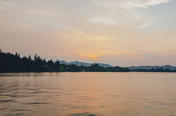 West Lake and hills under sunset, in Hangzhou, China