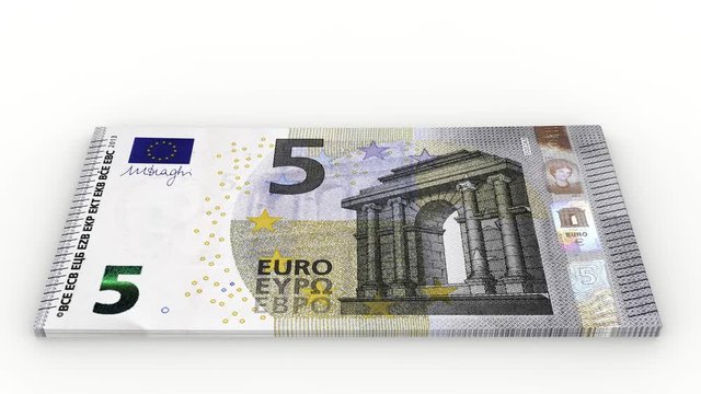 Animazione illustrazione 3D. Crescita pila di banconote da cinque euro su sfondo bianco.