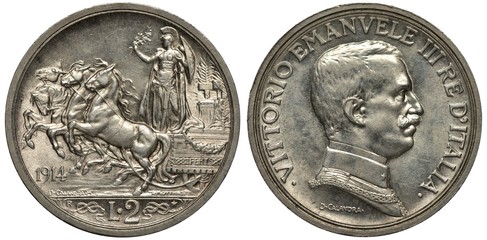 Italy Italian silver coin 2 two lira 1914, Roman mint, quadriga with standing armored allegorical female, horses, bust of of King Vittorio Emanuele right,