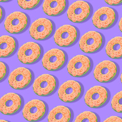 Fototapeta na wymiar Creative art made with orange doughnuts pattern on purple background..