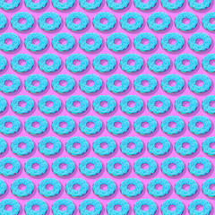 Creative art made with blue doughnuts pattern on purple background..