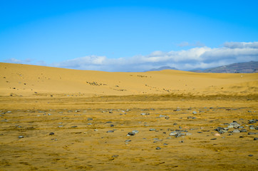 Sand dunes in the desert warm dry sand under blue sky