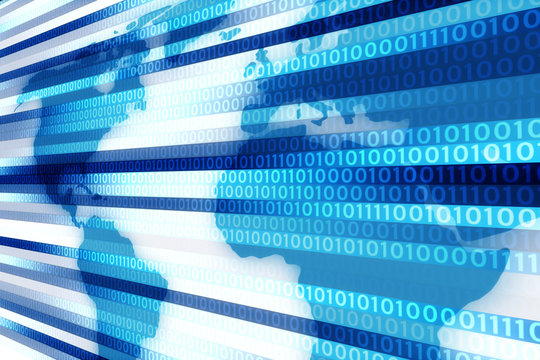 Abstract world map with binary numbers illustration background.