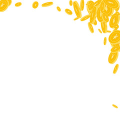 Chinese yuan coins falling. Scattered floating CNY