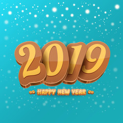 2019 Happy new year design background or greeting card with colorful numbers and greeting text. Happy new year label or icon isolated on azure background with snowflakes