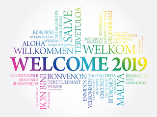 WELCOME 2019 word cloud in different languages, conceptual background