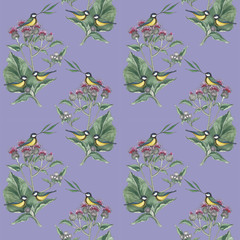 Seamless floral pattern with burdock and birds.