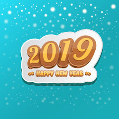 2019 Happy new year design background or greeting card with colorful numbers and greeting text. Happy new year label or icon isolated on azure background with snowflakes