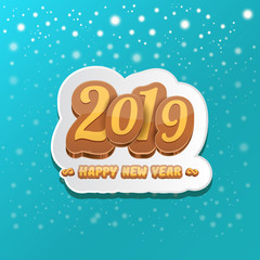 2019 Happy new year design background or greeting card with colorful numbers and greeting text. Happy new year label or icon isolated on azure background with snowflakes
