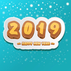 2019 Happy new year design background or greeting card with colorful numbers and greeting text. Happy new year label or icon isolated on azure background with snowflakes