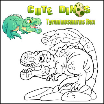 cartoon cute dinosaur tyrannosaurus rex, coloring book, funny illustration