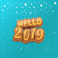 Hello 2019 Happy new year creative design background or greeting card with colorful numbers. Happy new year label or icon isolated on night sky background with stars