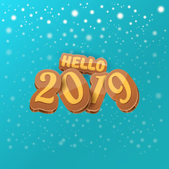 Hello 2019 Happy new year creative design background or greeting card with colorful numbers. Happy new year label or icon isolated on night sky background with stars