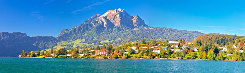 Coast of Lake Lucerne and Pilatus mountain panoramic view - obrazy, fototapety, plakaty