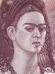Frida Kahlo portrait on Mexico 500 peso bill, extreme macro. Famous Mexican artist, Icon of Feminism.