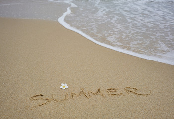 Summer written on the sand of beach with plumeria flower