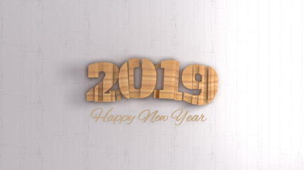 2019 isolated numbers lettering written by wood and golden Happy New year on white background. 3d illustration