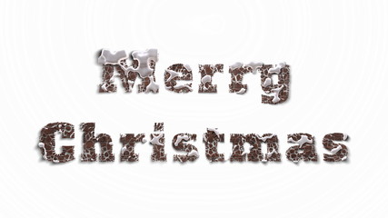 Merry Christmas lettering written by brown brick and snowy melted ice isolated on white background. 3d illustration